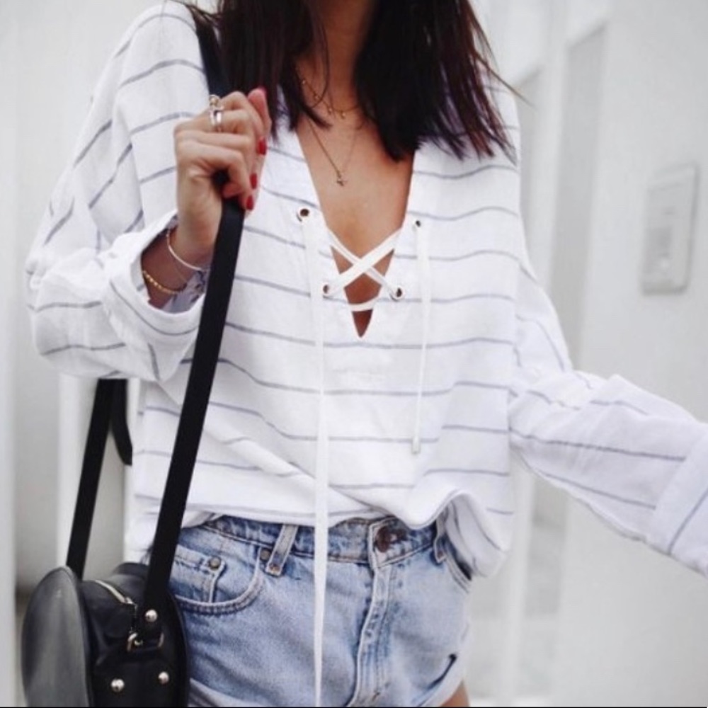 Rails Lily Positano Stripe Lace Up Linen Top Size… - image 1